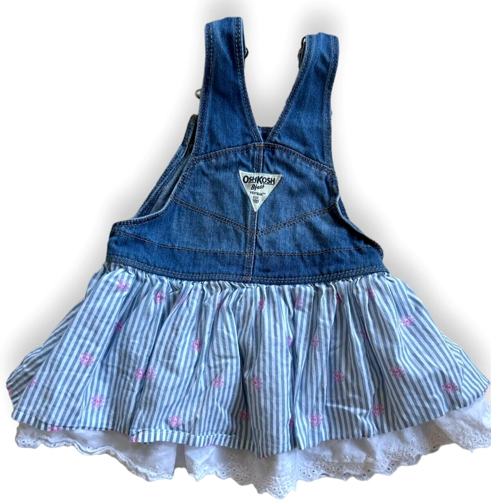 OshKosh B'gosh Overall Dress Striped Flower Eyelet Lace Ruffle Dress 2T
